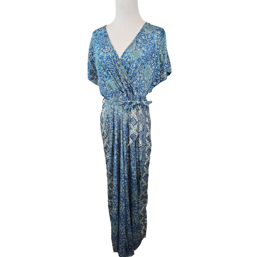 Paisley Print Wide Leg Jumpsuit Flowy Backless Tassels Boho pockets Size L‎ XL